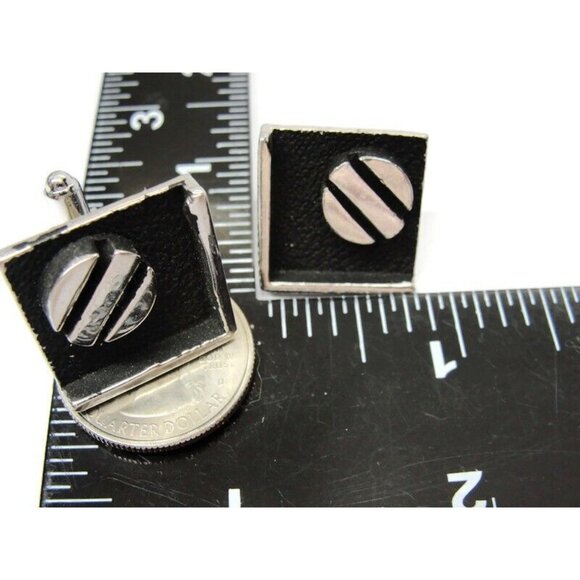 Flat Black Enamel Square Circle Line Centers Cufflinks Silver Tone Shirt Vtg - Picture 7 of 8